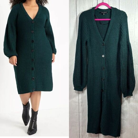 ELOQUII Dark Green Ribbed Button Front Sweater Dress Cozy Chic Minimalist Soft - Picture 1 of 16